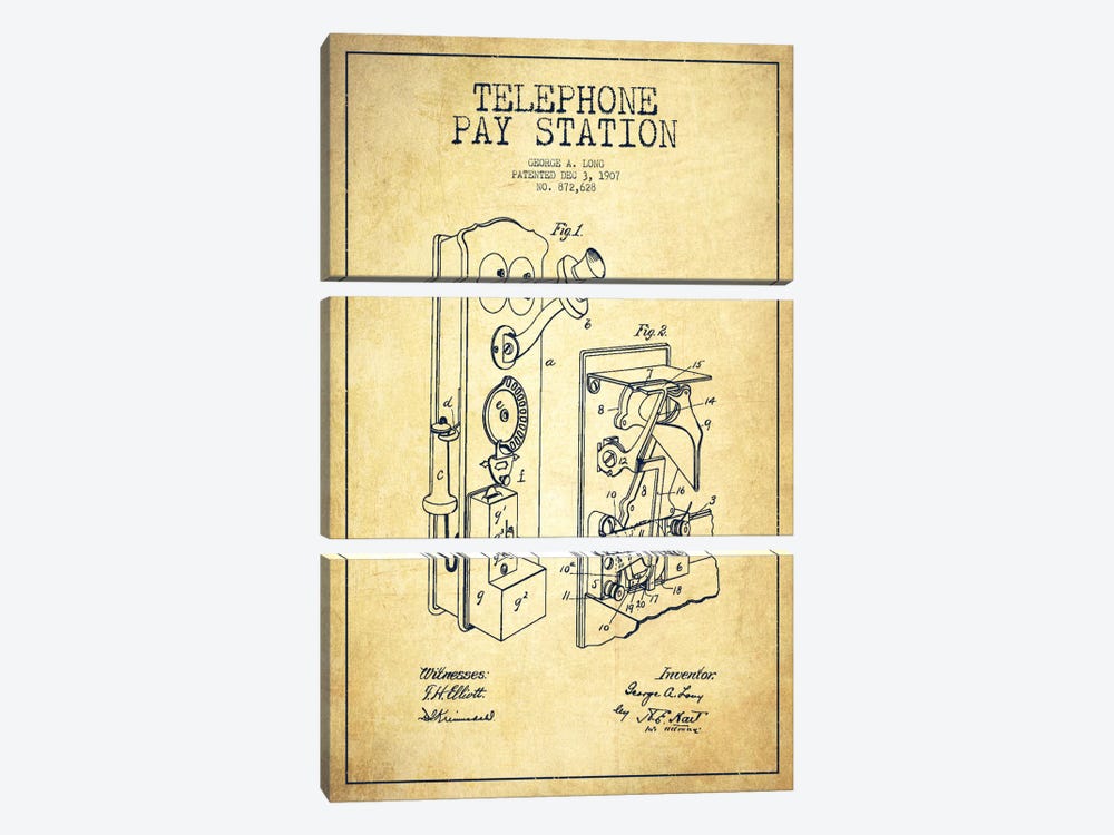 Long Telephone Vintage Patent Blueprint by Aged Pixel 3-piece Canvas Print
