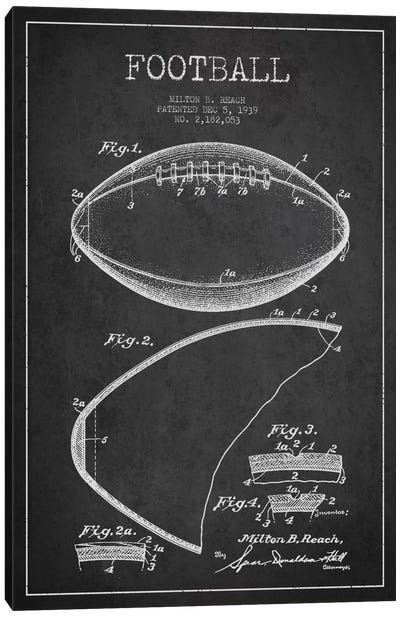Football Charcoal Patent Blueprint Canvas Art Print - Sports Blueprints