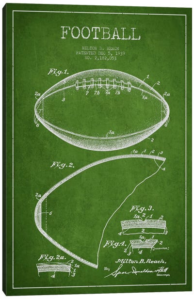 Football Green Patent Blueprint Canvas Art Print - Football Art