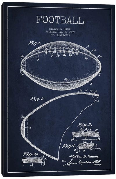 Football Navy Blue Patent Blueprint Canvas Art Print - Aged Pixel: Sports