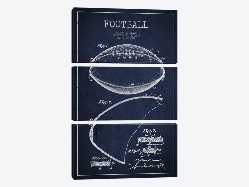 Football Navy Blue Patent Blueprint 3-piece Canvas Print