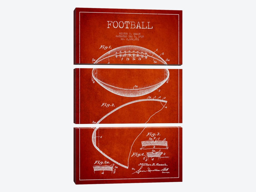 Football Red Patent Blueprint by Aged Pixel 3-piece Canvas Artwork