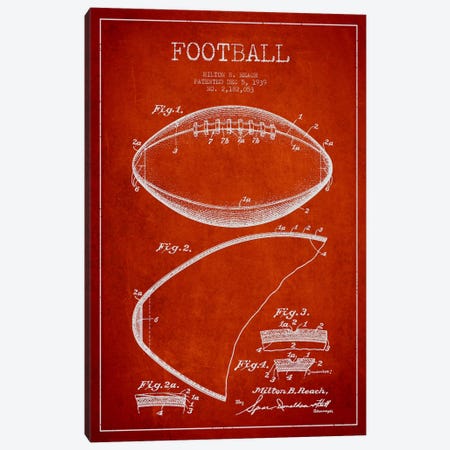 Football Red Patent Blueprint Canvas Print #ADP2103} by Aged Pixel Canvas Art Print
