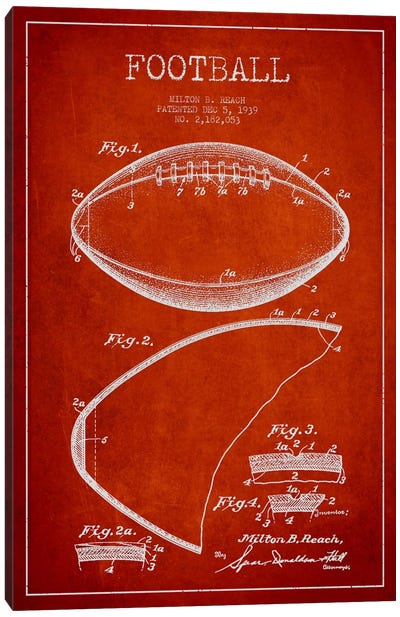 Football Red Patent Blueprint Canvas Art Print - Aged Pixel: Sports