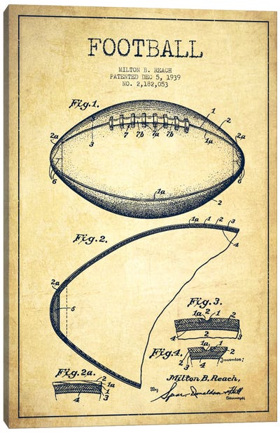 Football Vintage Patent Blueprint Canvas Art Print - Sports Blueprints