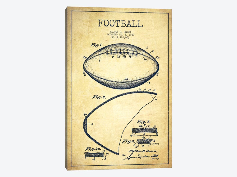 Football Vintage Patent Blueprint by Aged Pixel 1-piece Canvas Art Print
