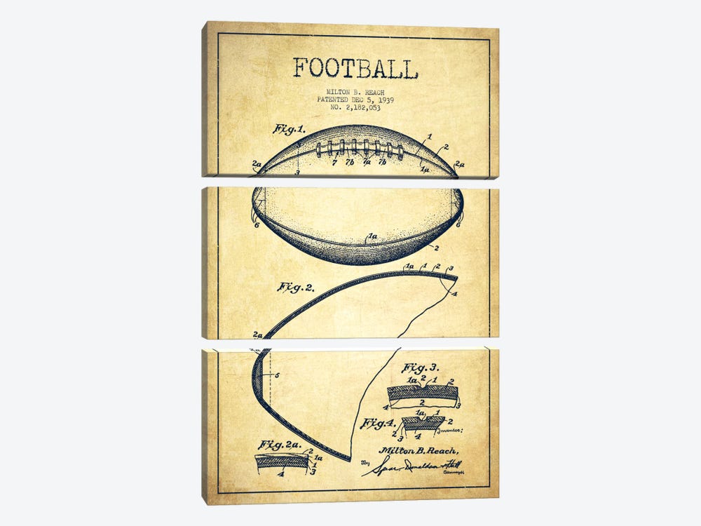 Football Vintage Patent Blueprint by Aged Pixel 3-piece Canvas Art Print