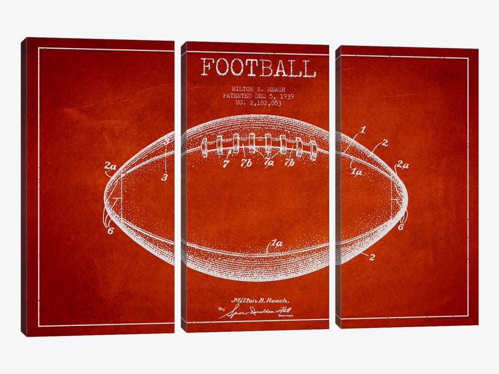Football Red Patent Blueprint by Aged Pixel 3-piece Art Print