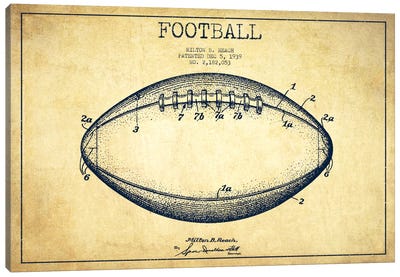 Football Vintage Patent Blueprint Canvas Art Print - Aged Pixel: Sports