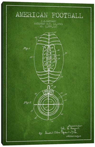 Football Green Patent Blueprint Canvas Art Print - Sports Blueprints