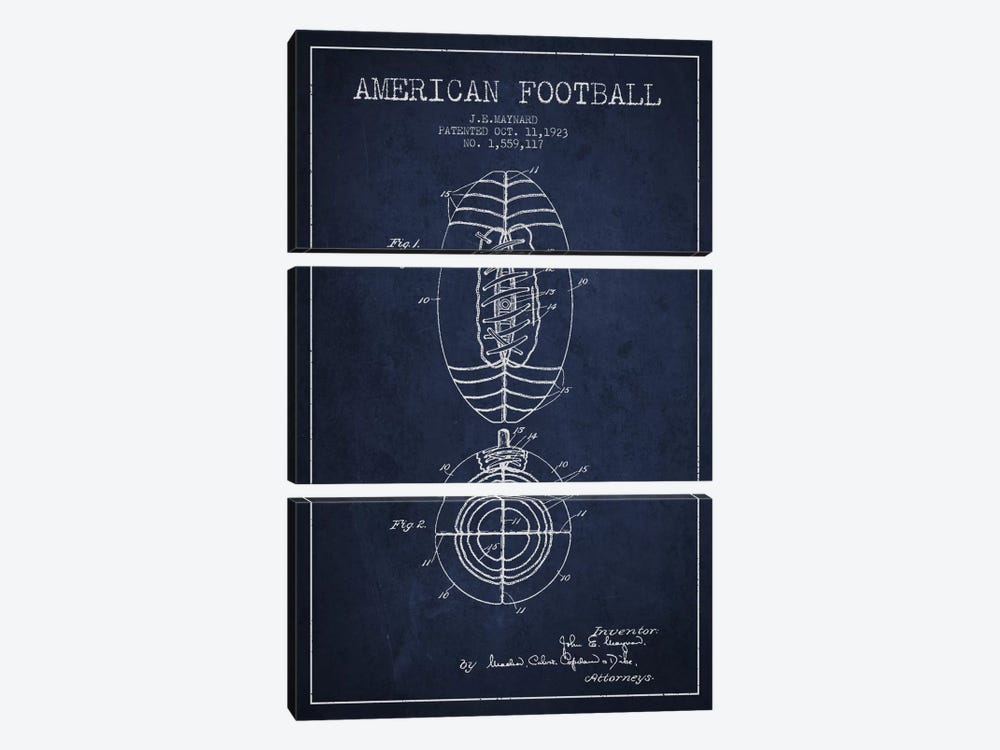 Football Navy Blue Patent Blueprint by Aged Pixel 3-piece Canvas Wall Art