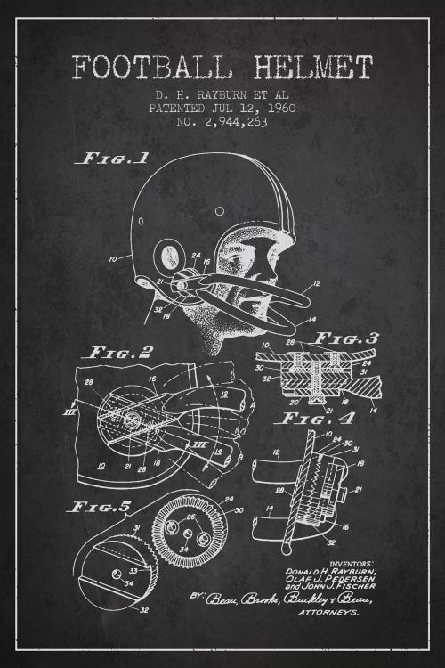 Football Helmet Charcoal Patent Blueprint