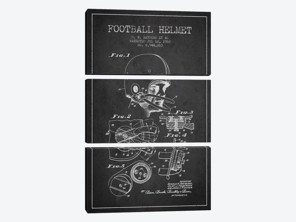 Football Helmet Charcoal Patent Blueprint by Aged Pixel 3-piece Canvas Art Print