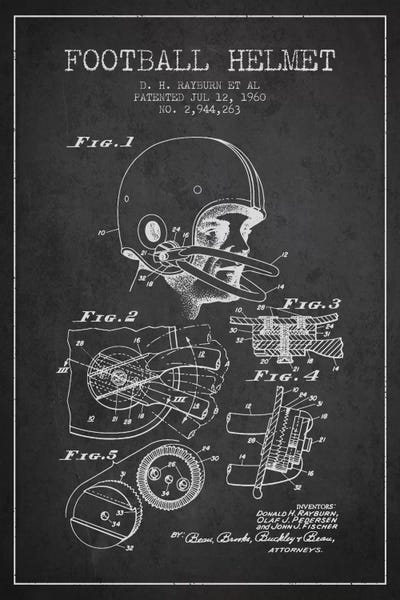 Kids Sports Art: Football Helmet Charcoal Patent Blueprint by Aged Pixel