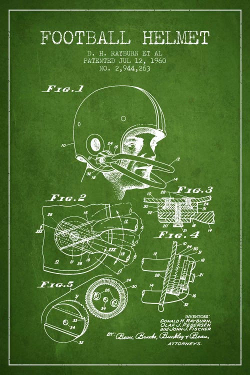 Football Helmet Green Patent Blueprint