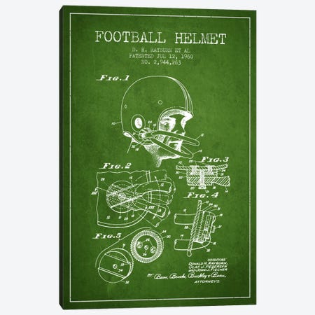 Football Helmet Green Patent Blueprint Canvas Print #ADP2116} by Aged Pixel Canvas Art Print