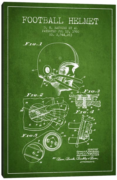 Football Helmet Green Patent Blueprint Canvas Art Print - Super Bowl Fandom