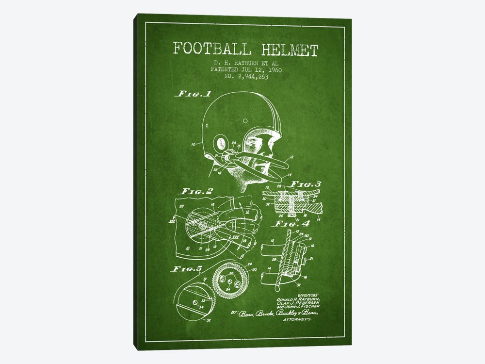 Football Helmet Green Patent Blueprint by Aged Pixel 1-piece Canvas Wall Art