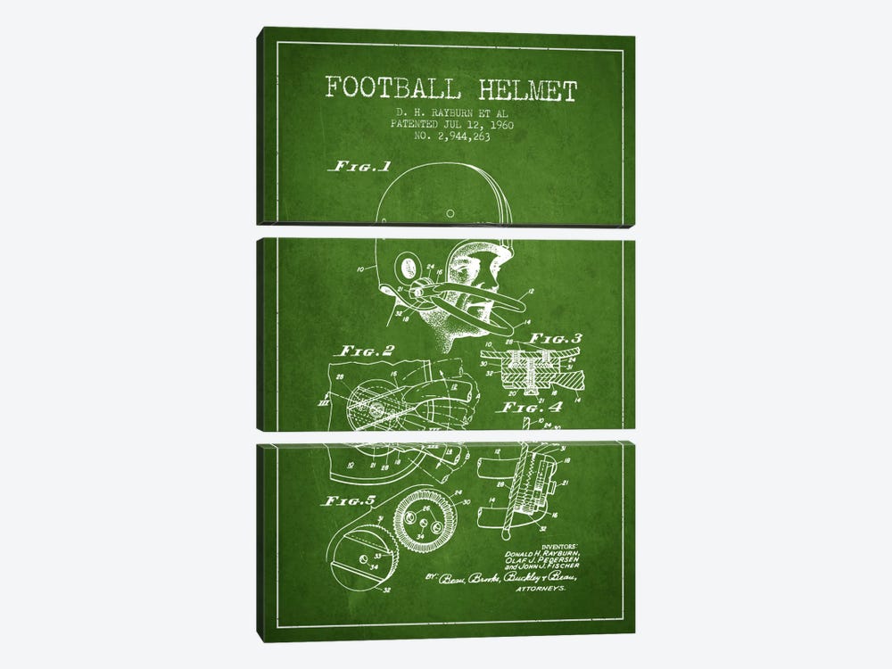 Football Helmet Green Patent Blueprint by Aged Pixel 3-piece Canvas Artwork