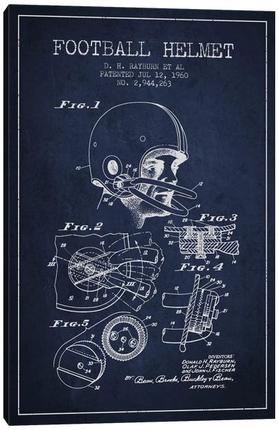 Football Helmet Navy Blue Patent Blueprint Canvas Art Print - Kids Sports Art