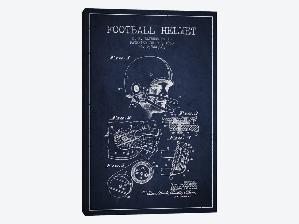 Football Helmet Navy Blue Patent Blueprint by Aged Pixel 1-piece Canvas Art Print