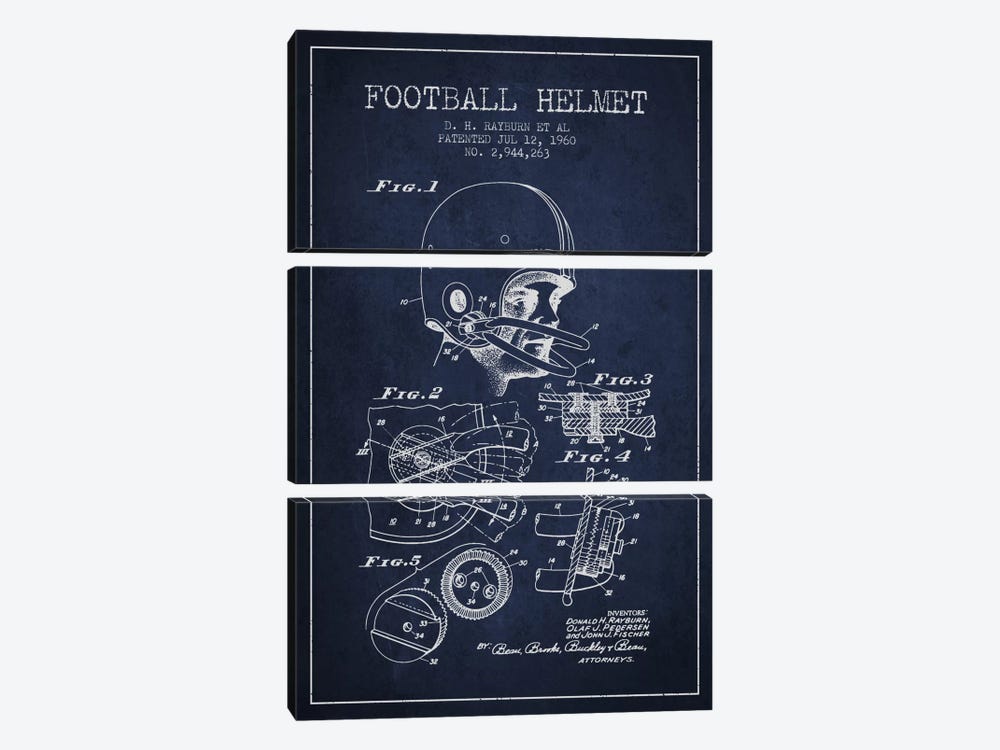 Football Helmet Navy Blue Patent Blueprint by Aged Pixel 3-piece Art Print