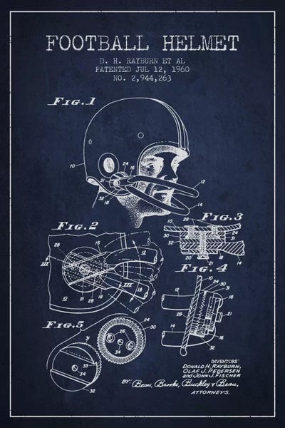 Kids Sports Art: Football Helmet Navy Blue Patent Blueprint by Aged Pixel