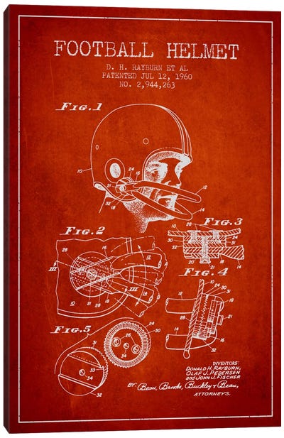 Football Helmet Red Patent Blueprint Canvas Art Print - Aged Pixel: Sports