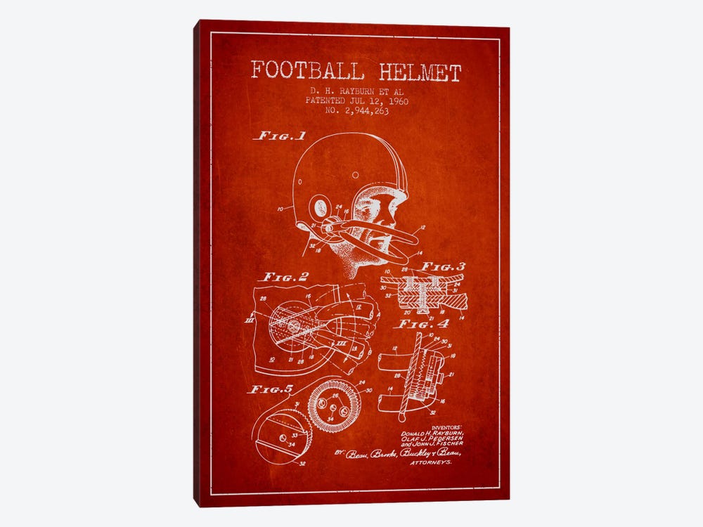 Football Helmet Red Patent Blueprint by Aged Pixel 1-piece Canvas Art