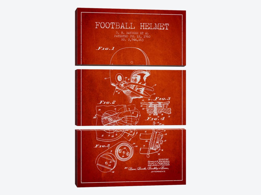 Football Helmet Red Patent Blueprint by Aged Pixel 3-piece Canvas Wall Art