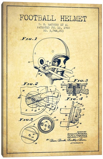 Football Helmet Vintage Patent Blueprint Canvas Art Print - Aged Pixel: Sports