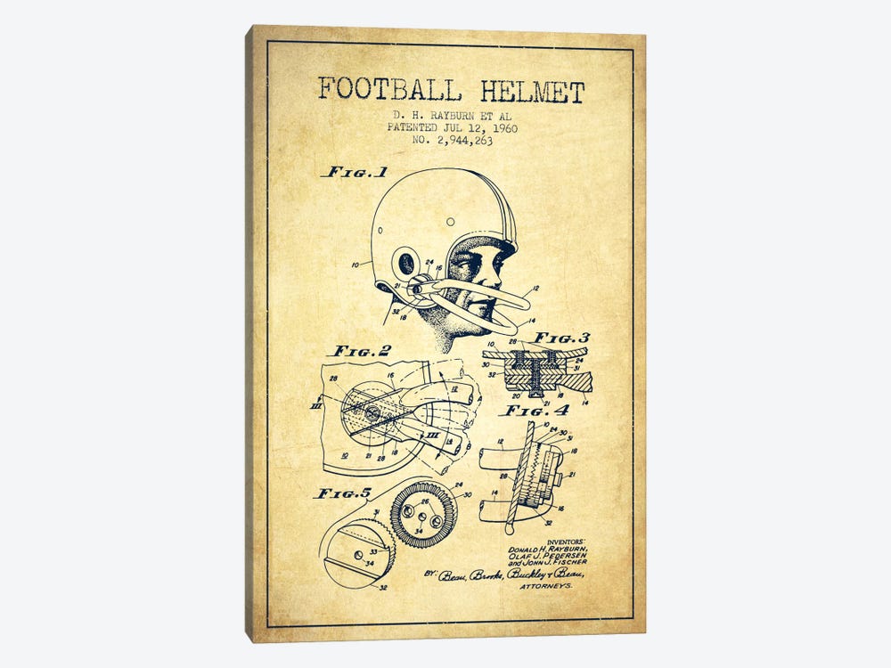 Football Helmet Vintage Patent Blueprint by Aged Pixel 1-piece Canvas Print
