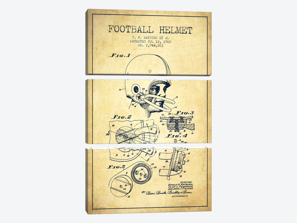 Football Helmet Vintage Patent Blueprint by Aged Pixel 3-piece Art Print