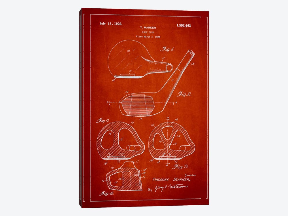 Golf Club Red Patent Blueprint by Aged Pixel 1-piece Canvas Artwork