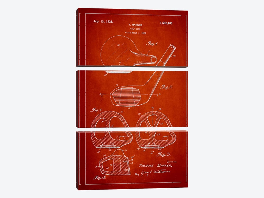 Golf Club Red Patent Blueprint by Aged Pixel 3-piece Canvas Art