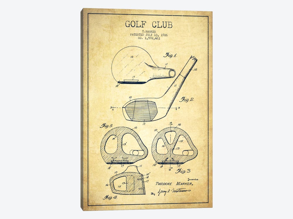 Golf Club Vintage Patent Blueprint by Aged Pixel 1-piece Canvas Art Print