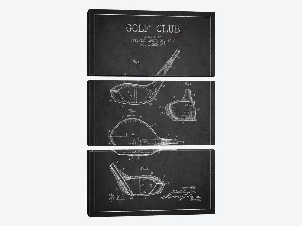 Golf Club Charcoal Patent Blueprint by Aged Pixel 3-piece Canvas Wall Art