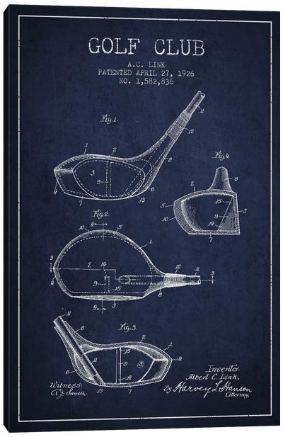 Golf Club Navy Blue Patent Blueprint Canvas Art Print - Sports Blueprints