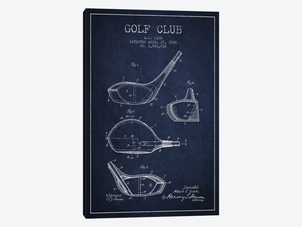 Golf Club Navy Blue Patent Blueprint by Aged Pixel 1-piece Canvas Artwork