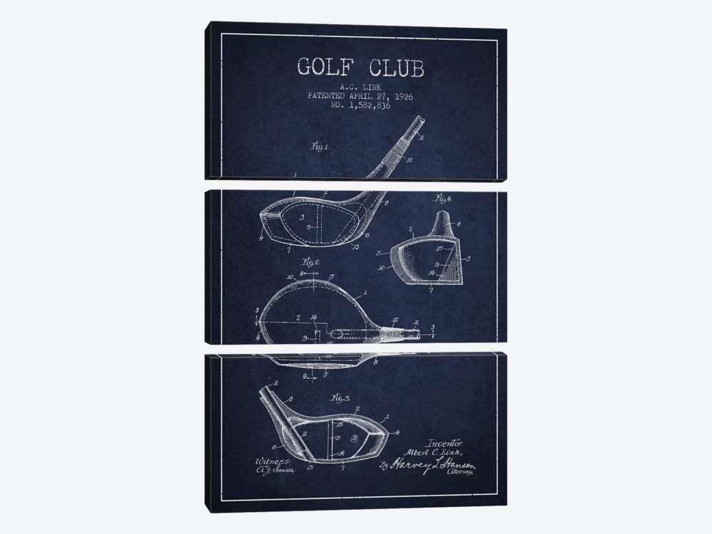 Golf Club Navy Blue Patent Blueprint by Aged Pixel 3-piece Canvas Artwork