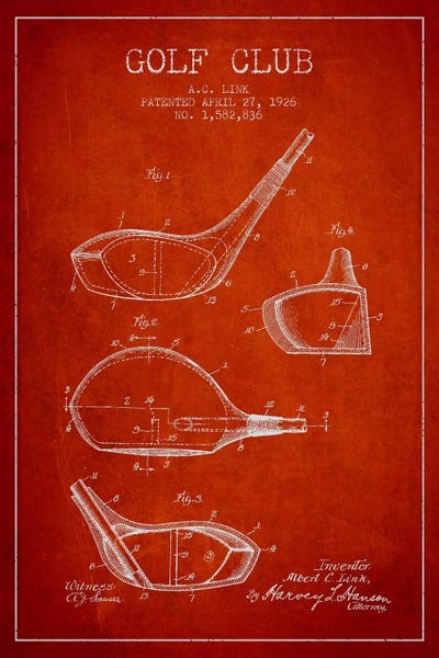 Golf Club Red Patent Blueprint by Aged Pixel art print