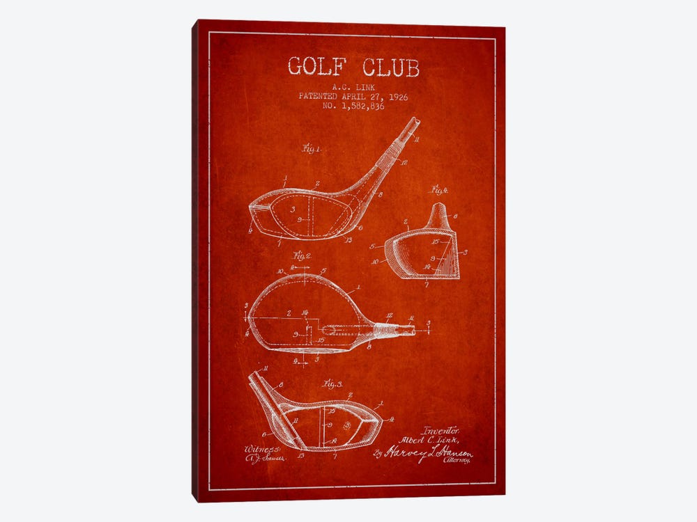 Golf Club Red Patent Blueprint by Aged Pixel 1-piece Art Print