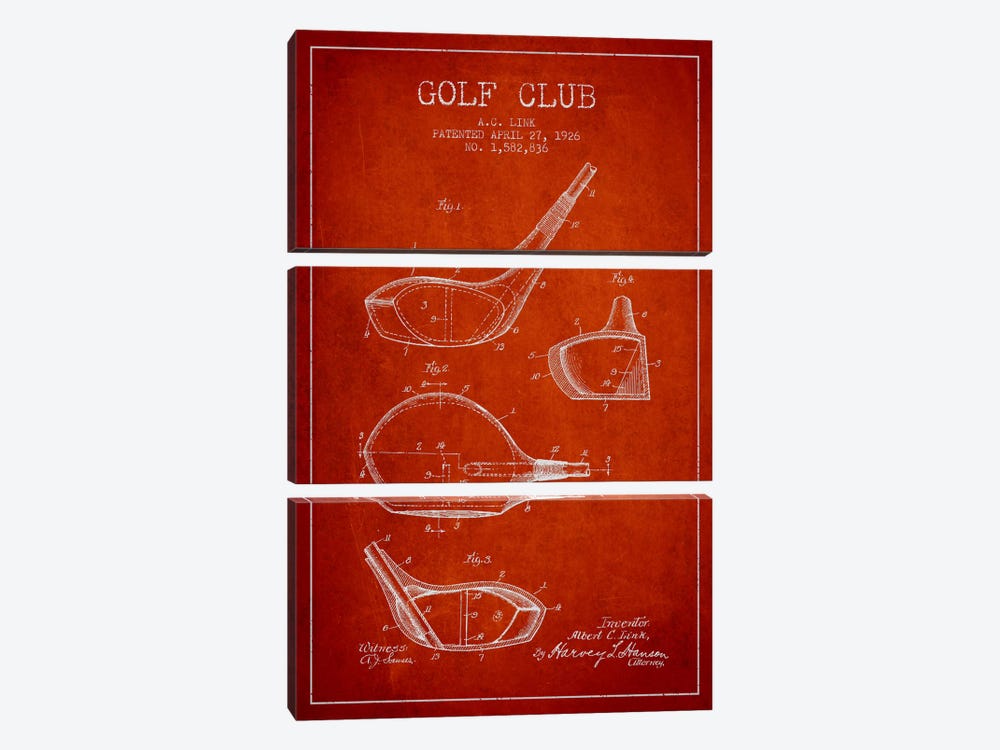 Golf Club Red Patent Blueprint by Aged Pixel 3-piece Canvas Art Print