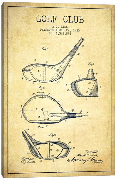 Golf Club Vintage Patent Blueprint Canvas Art Print - Sports Blueprints