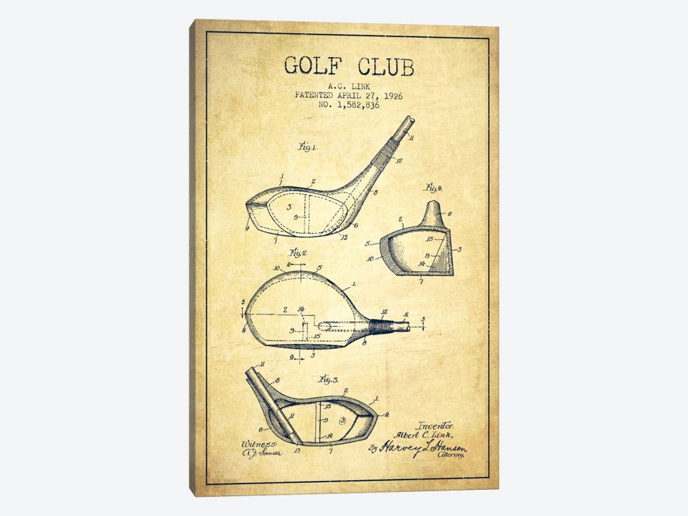 Golf Club Vintage Patent Blueprint by Aged Pixel 1-piece Canvas Art