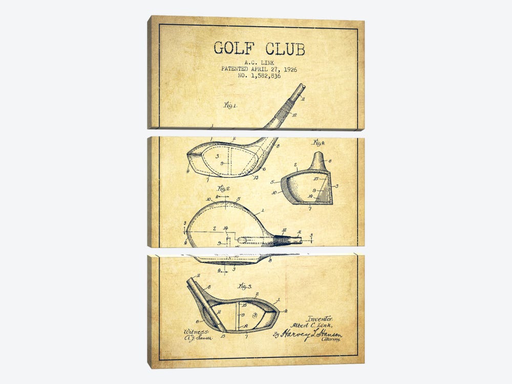 Golf Club Vintage Patent Blueprint by Aged Pixel 3-piece Canvas Artwork