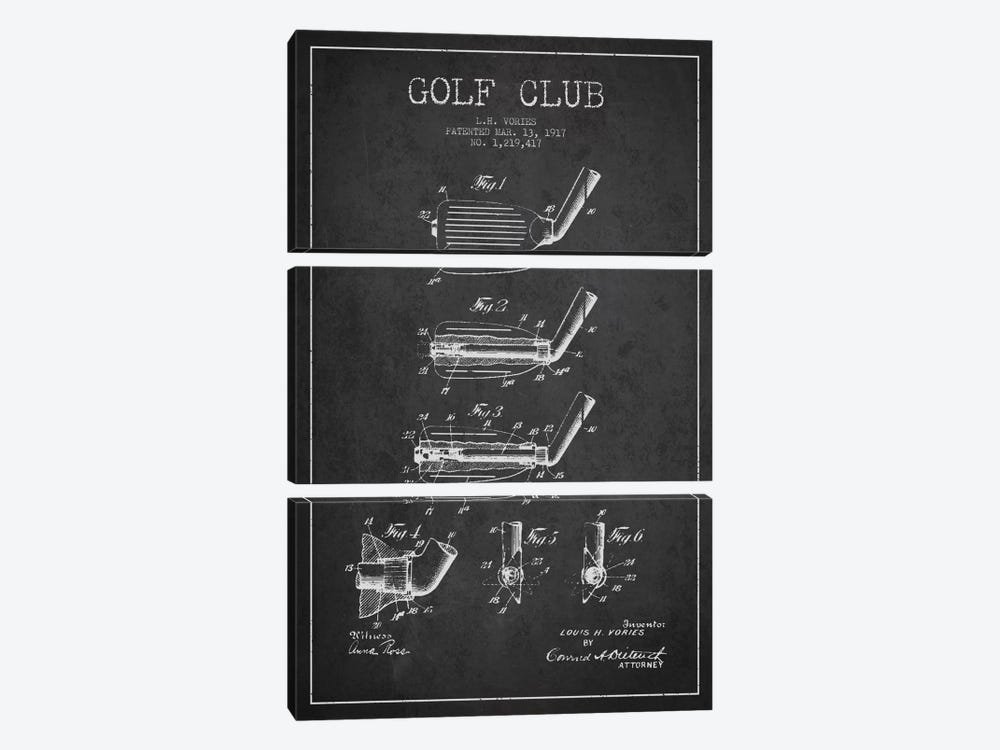 Golf Club Charcoal Patent Blueprint by Aged Pixel 3-piece Canvas Artwork