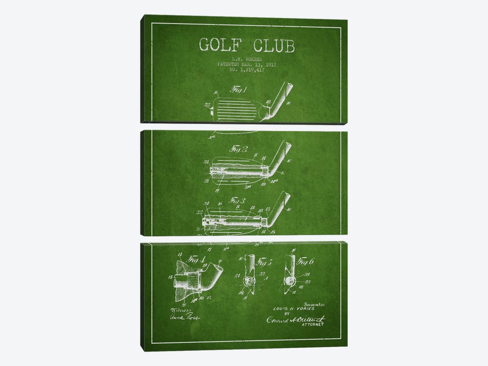 Golf Club Green Patent Blueprint by Aged Pixel 3-piece Canvas Print