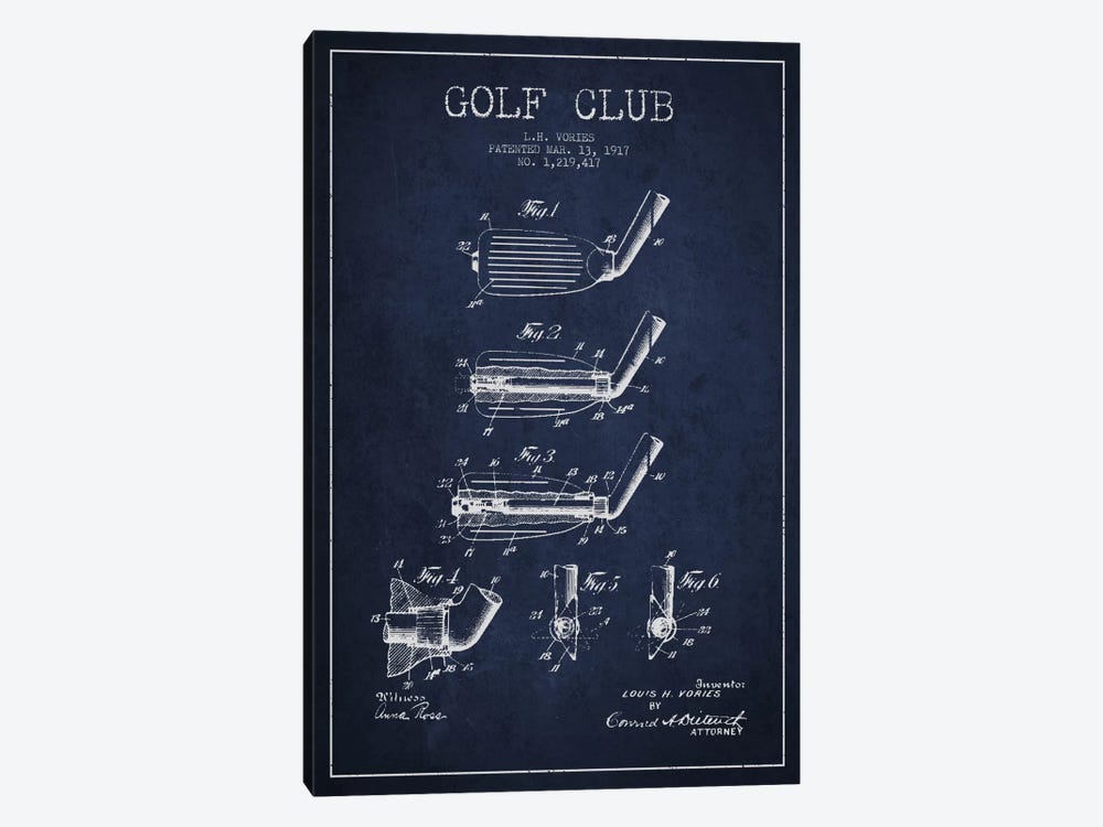 Golf Club Navy Blue Patent Blueprint by Aged Pixel 1-piece Canvas Art