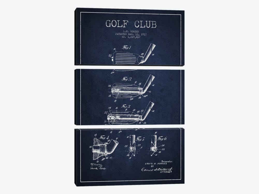 Golf Club Navy Blue Patent Blueprint by Aged Pixel 3-piece Canvas Wall Art